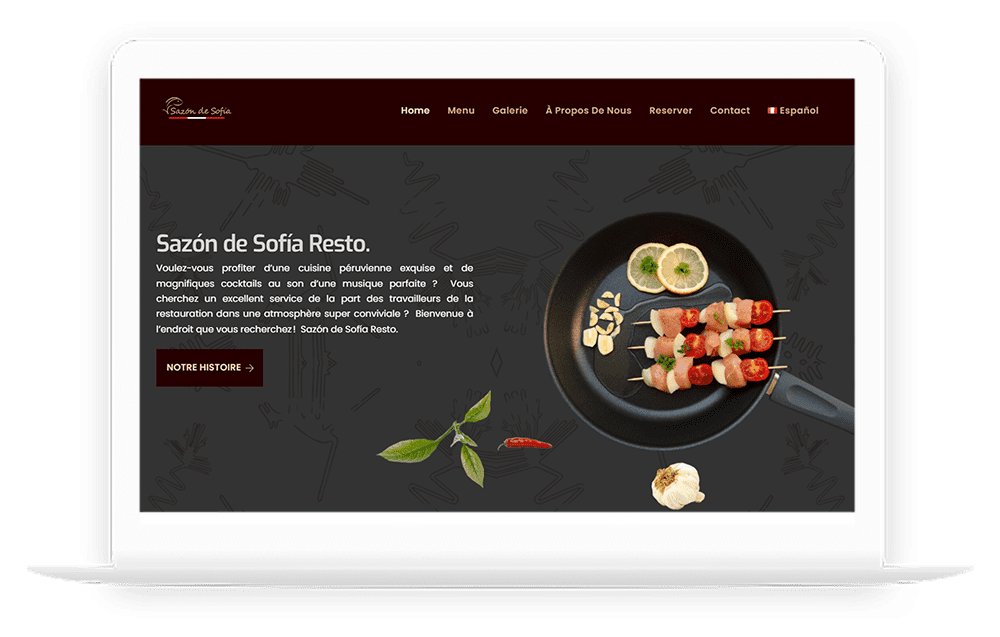 Website mockup op laptop voor Sazon de Sofia restaurant door Golden Viking Studios